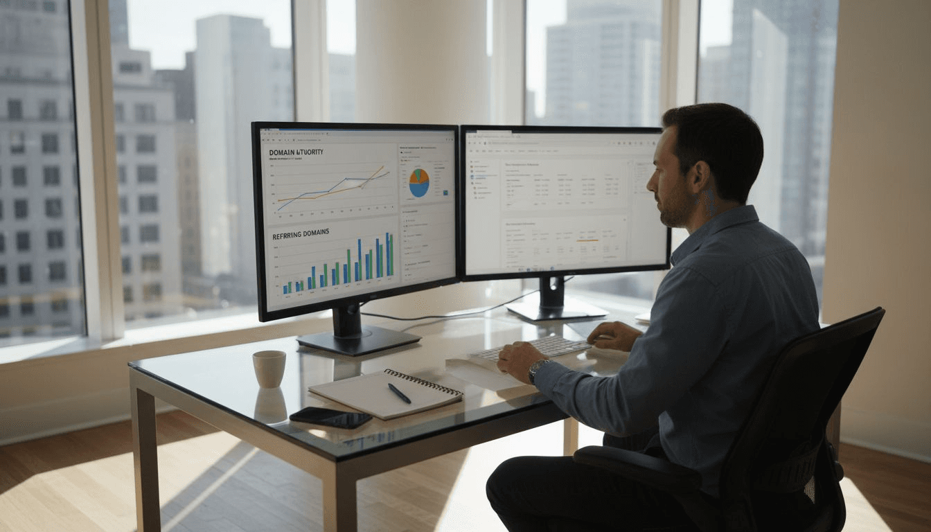 SEO strategist reviewing backlink dashboard in office