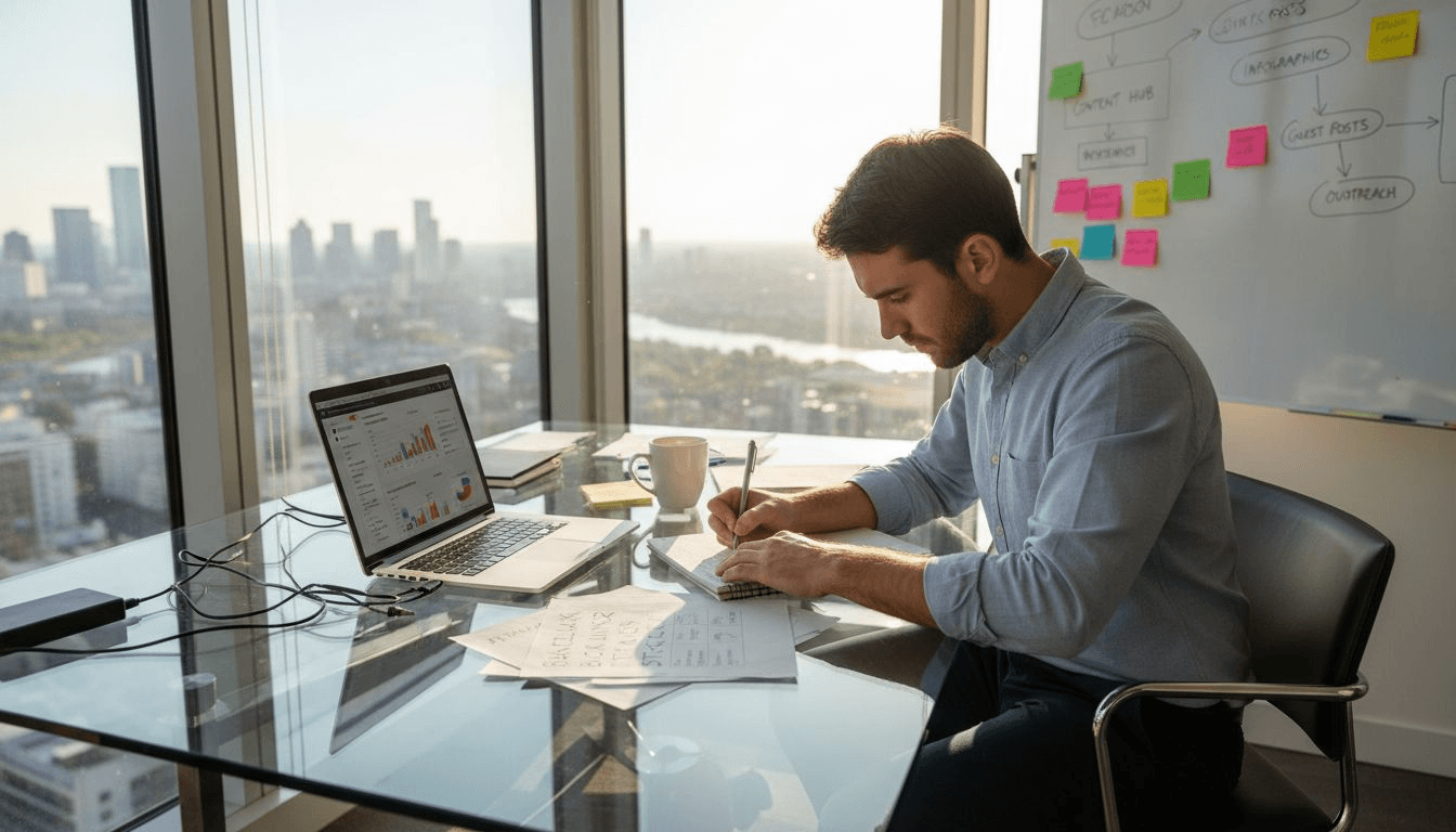 SEO specialist planning backlinks on glass desk