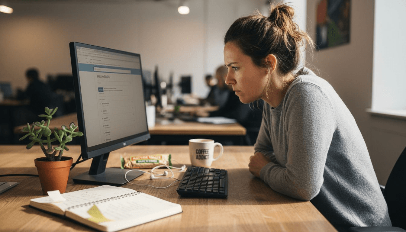 Woman researching backlink sources at desk