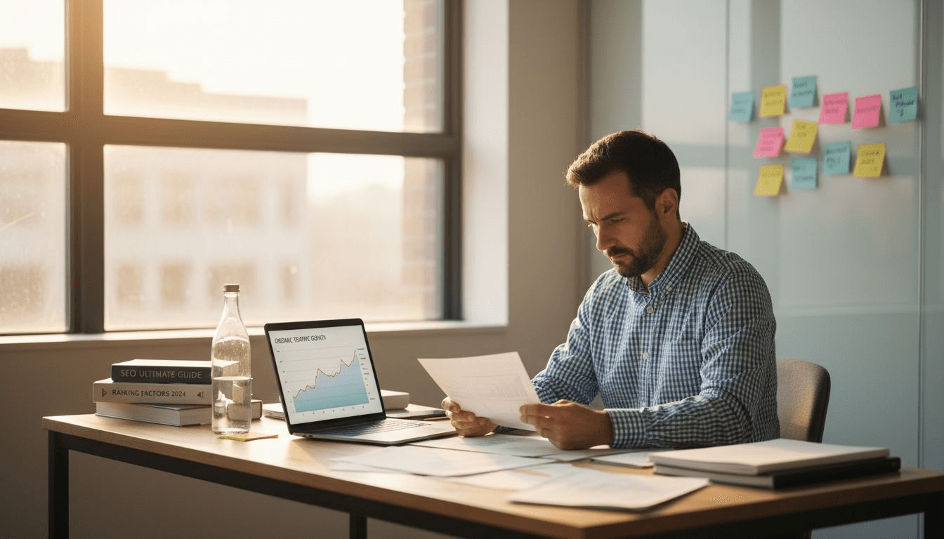 SEO strategist at desk with analytics reports