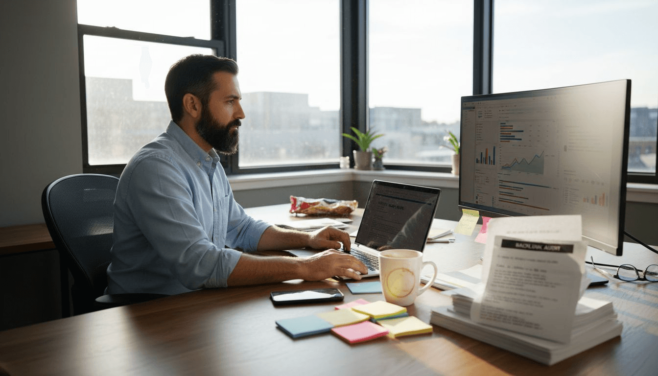 SEO manager working on link reports in office