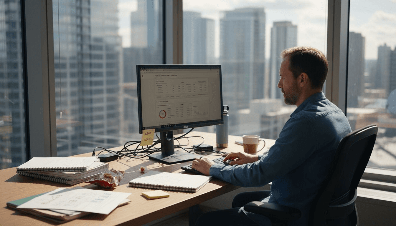 SEO specialist at desk auditing website performance