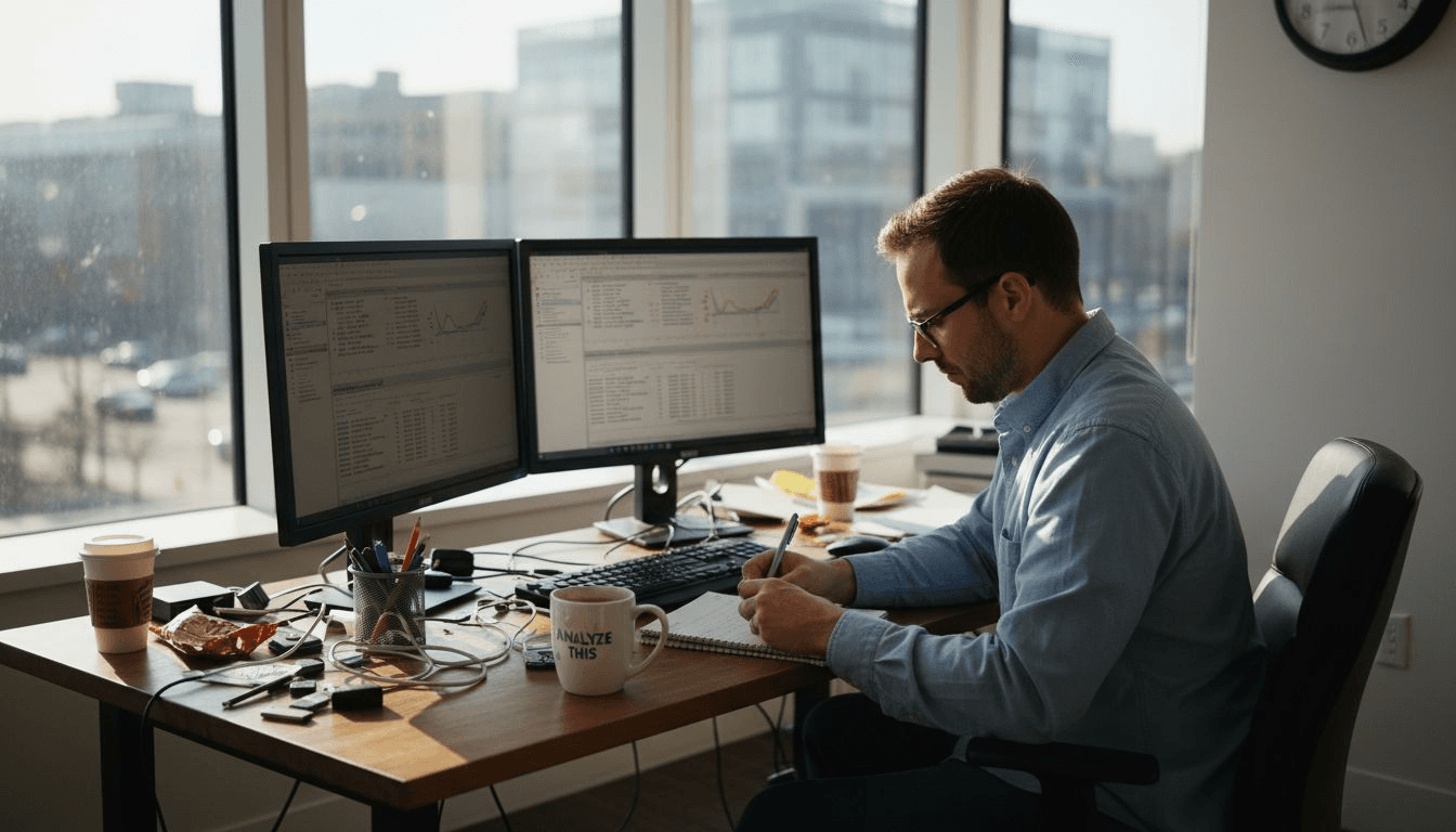 Marketer at desk analyzing SEO data
