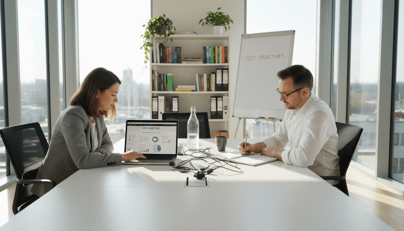 Team meeting in SEO office workspace