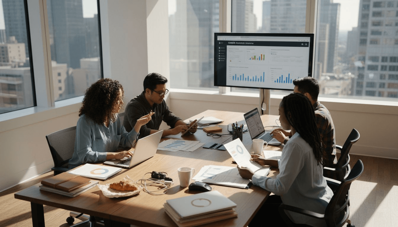SEO team reviewing performance reports in office