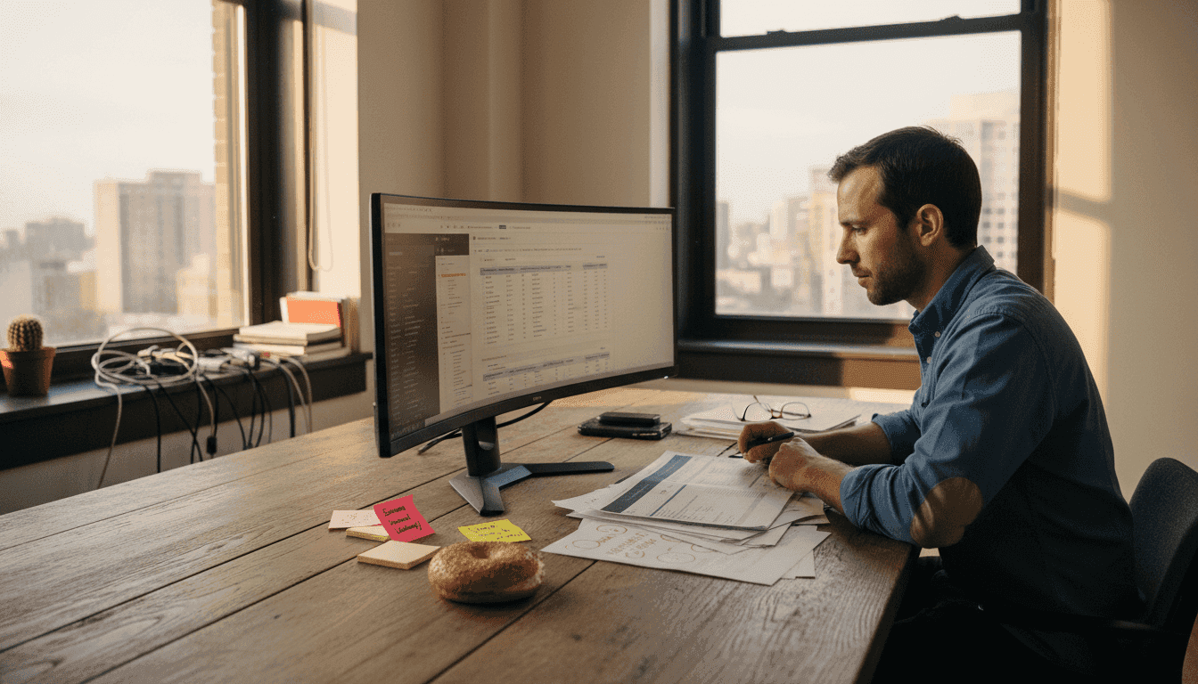 SEO expert reviewing website audits by window