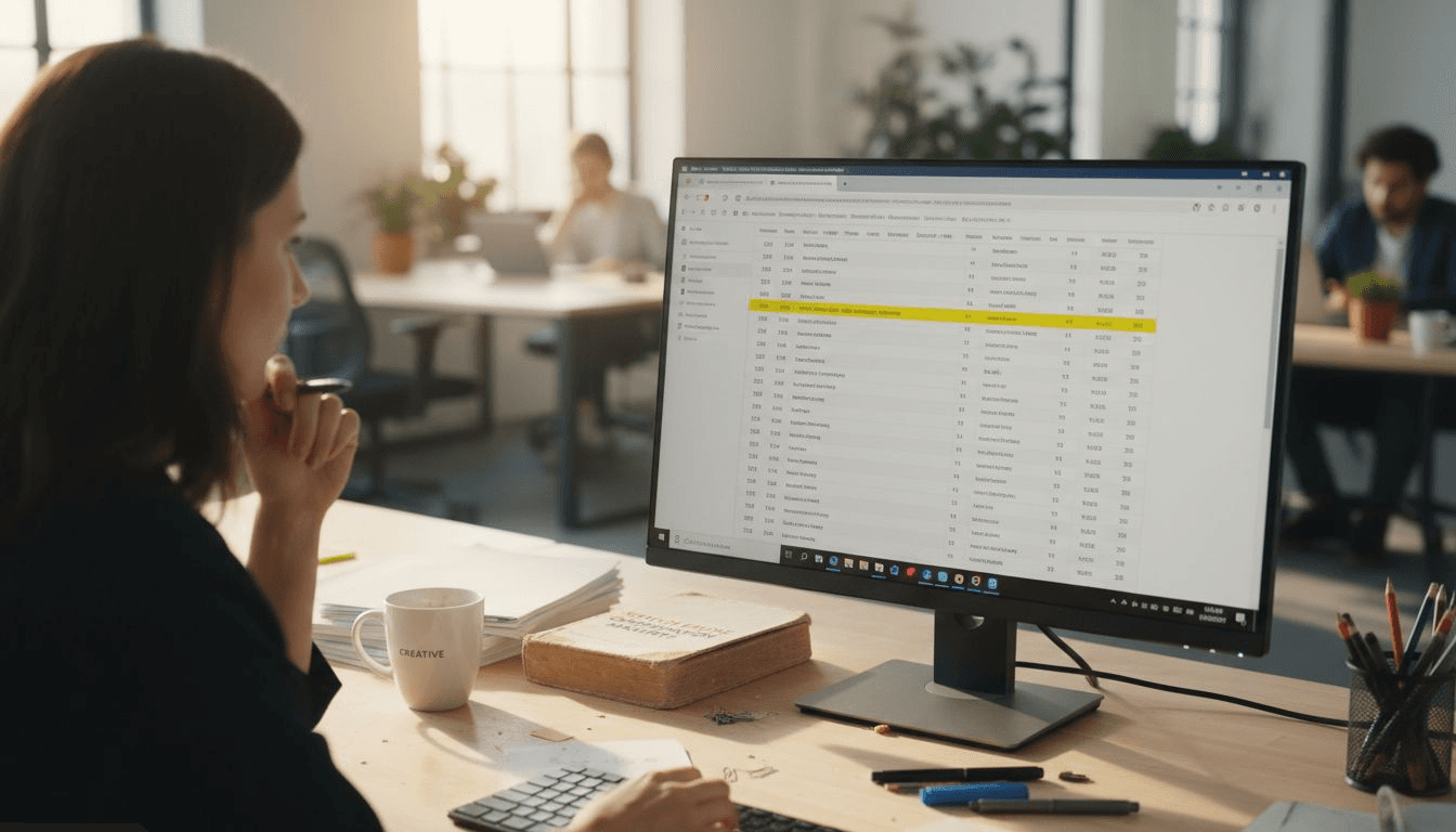 Woman reviewing AI keyword research results
