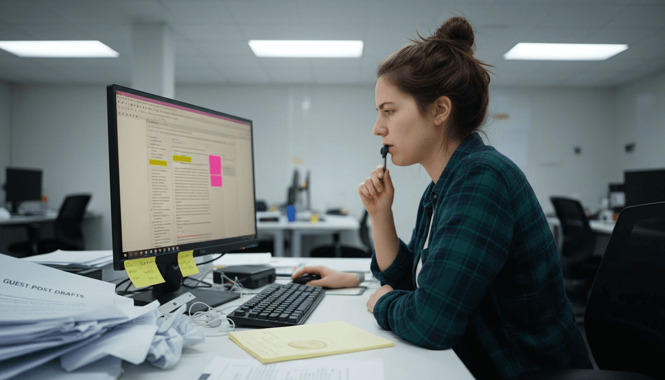 Content editor reviewing article on computer