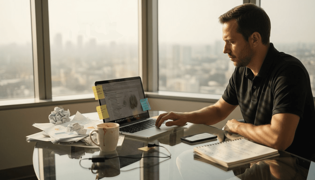 SEO manager working at city corner office desk