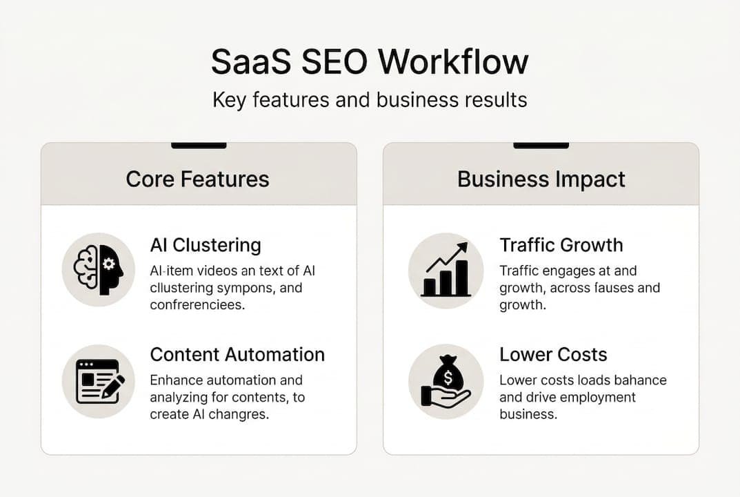 SaaS SEO workflow and business impact infographic