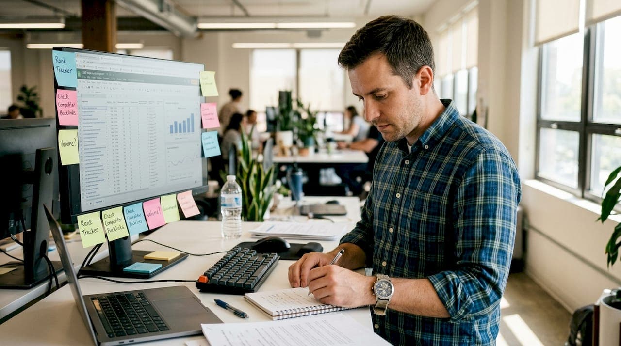 SEO analyst studying keyword research reports