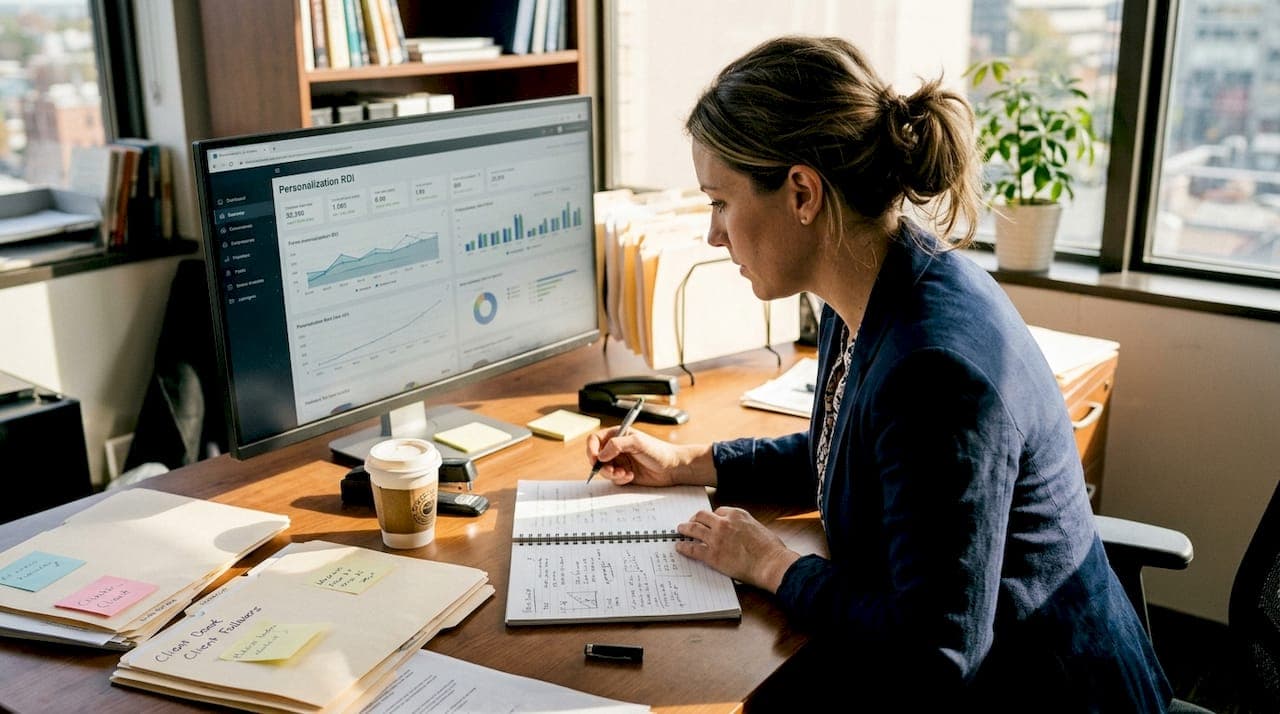 Manager comparing AI campaign results at desk