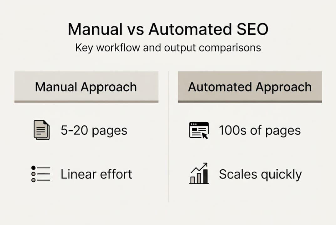 Infographic contrasts manual and automated SEO features