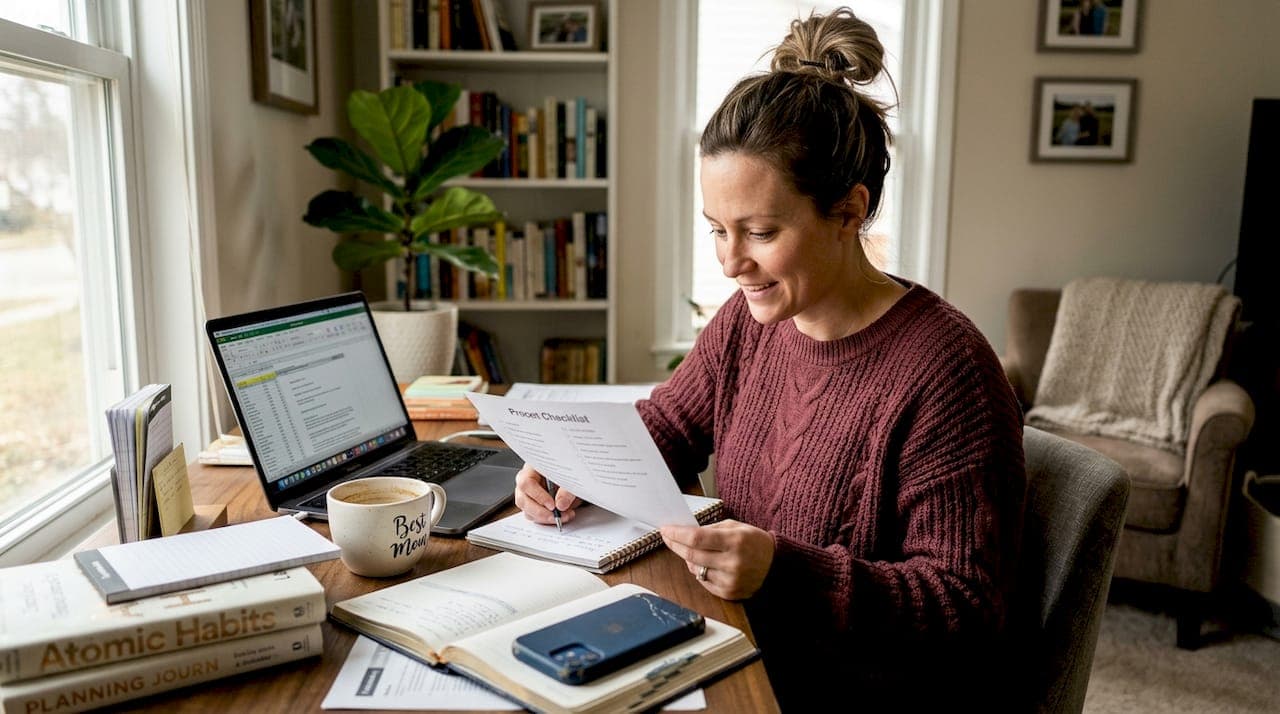 Woman reviewing marketing automation checklist at home