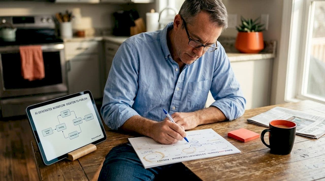 Man planning systemized content workflow at kitchen table