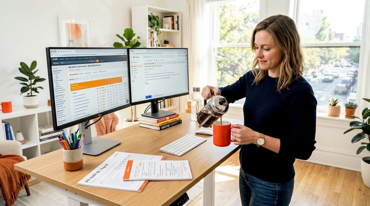 SEO strategist reviewing contextual backlink analysis