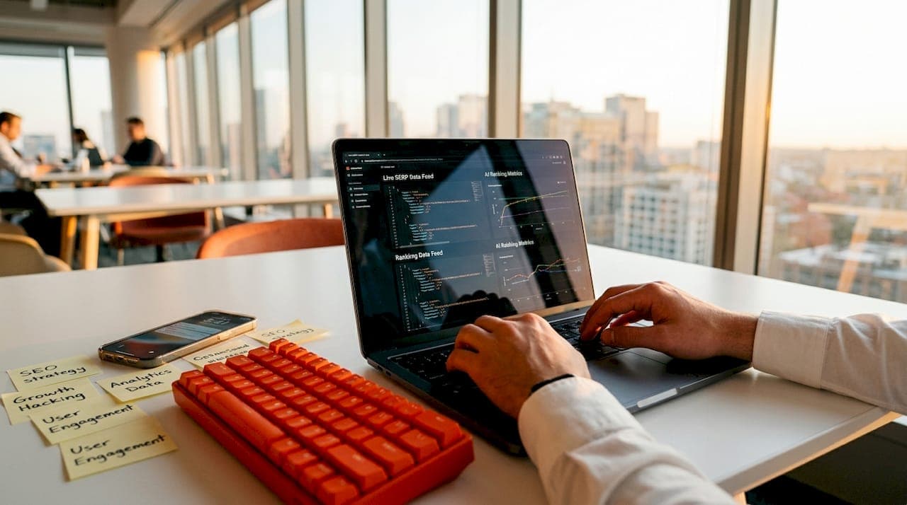Hands typing on laptop showing AI SERP data
