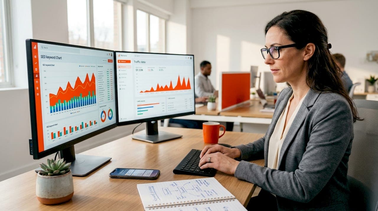 Marketer analyzing SEO keyword charts