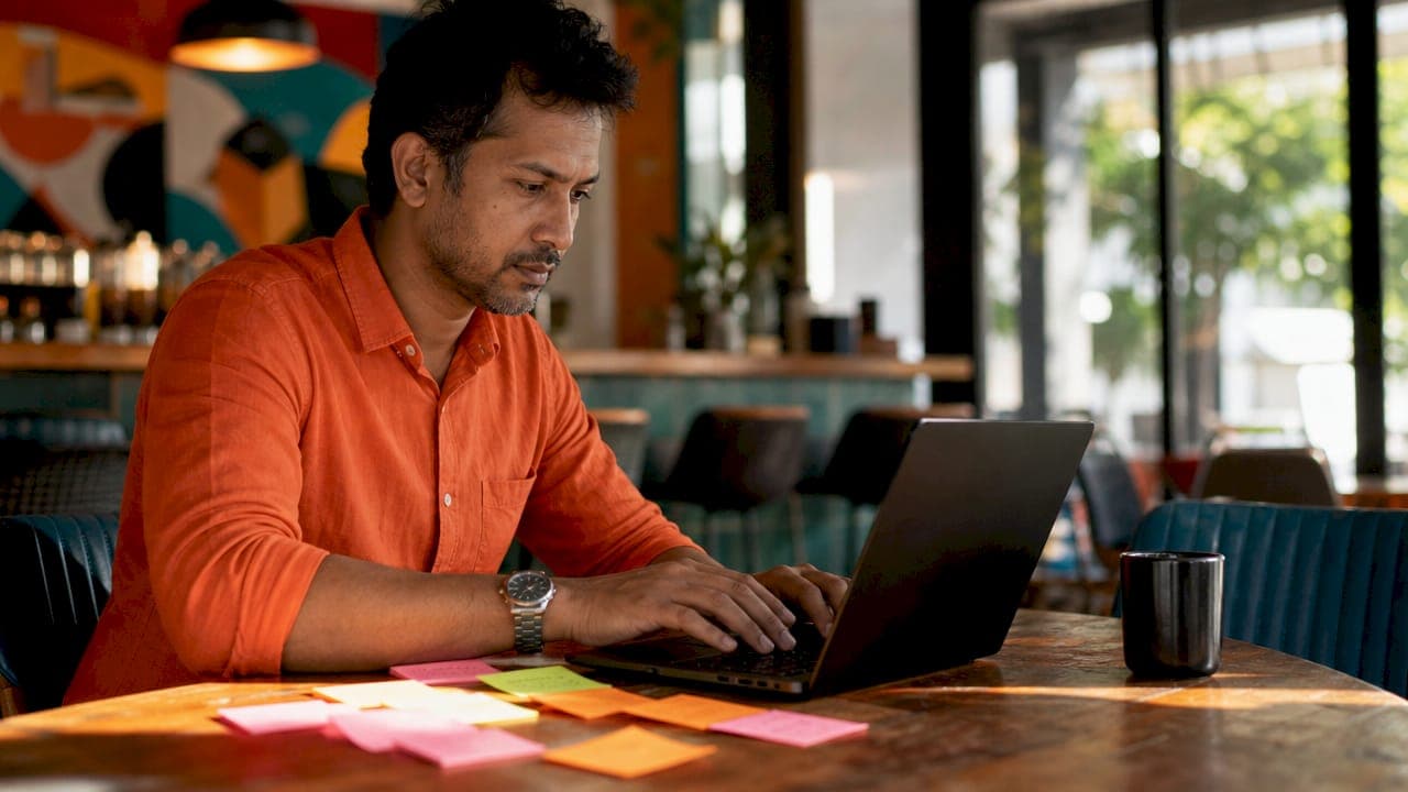 Hands typing SEO content keywords on laptop keyboard