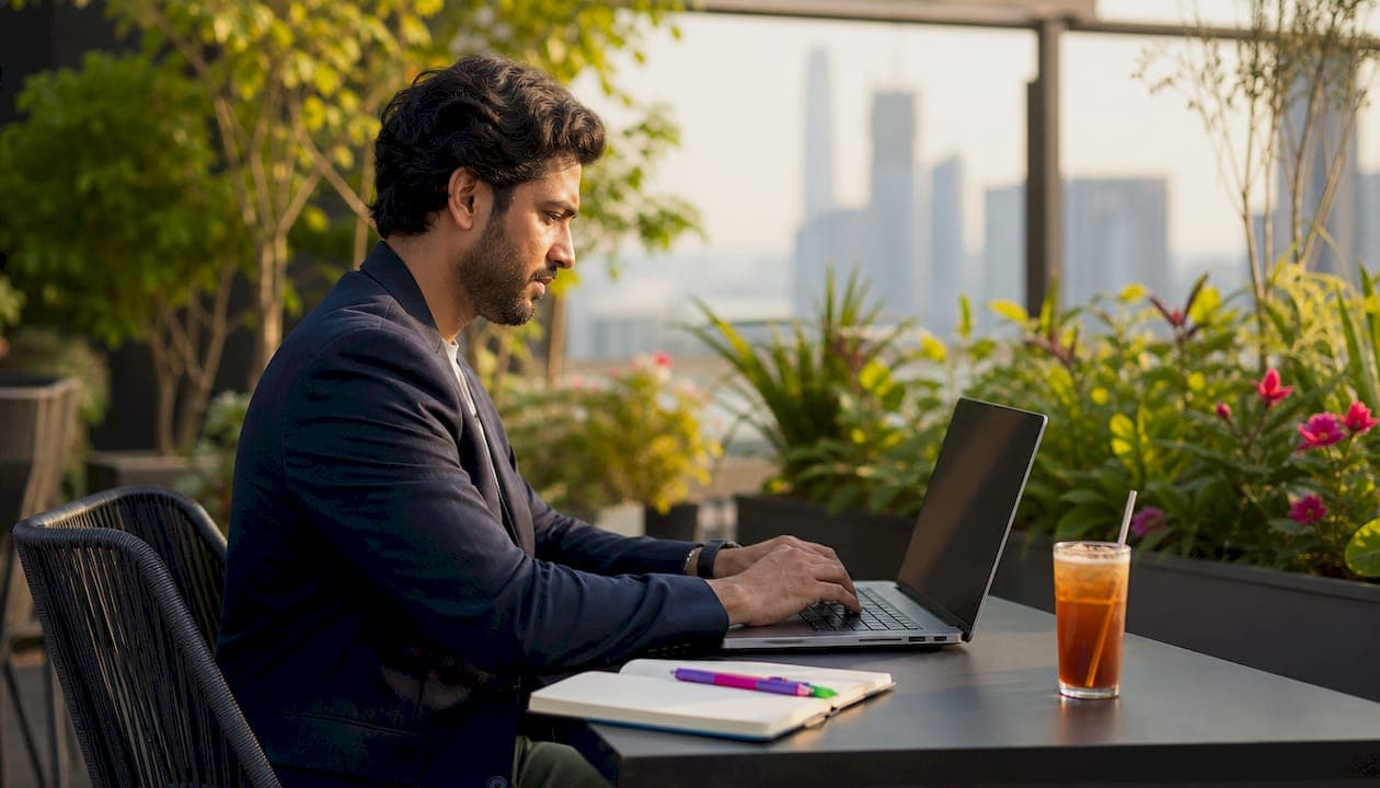 Person typing on laptop in professional home office