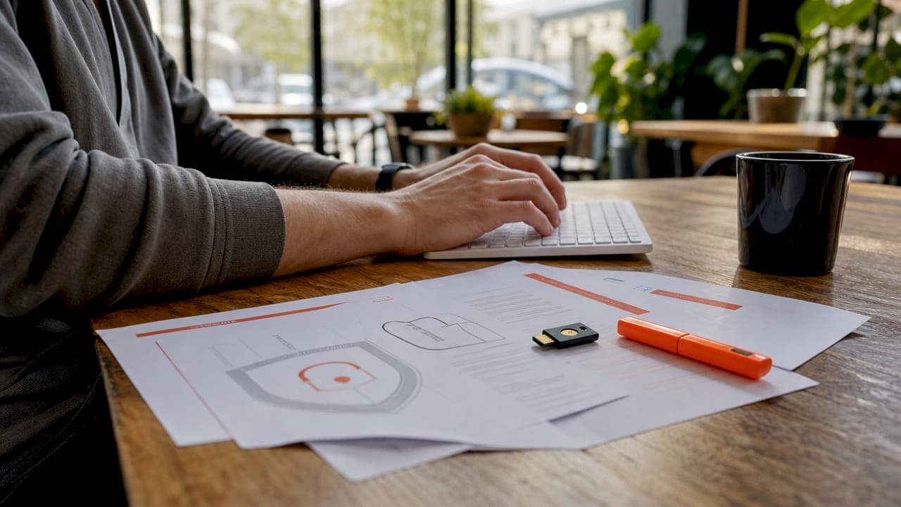 Hands typing with site security tools nearby