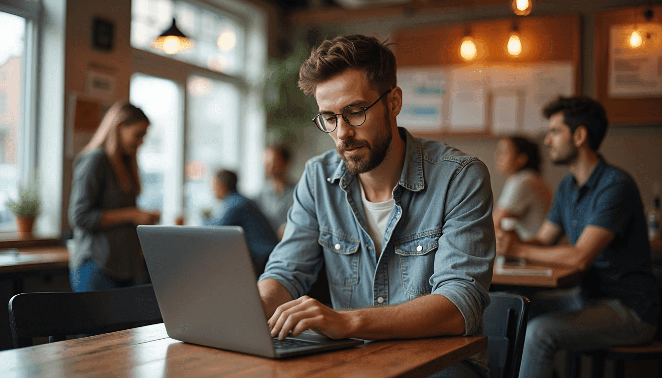 Cafe owner checks website analytics near technical optimization poster