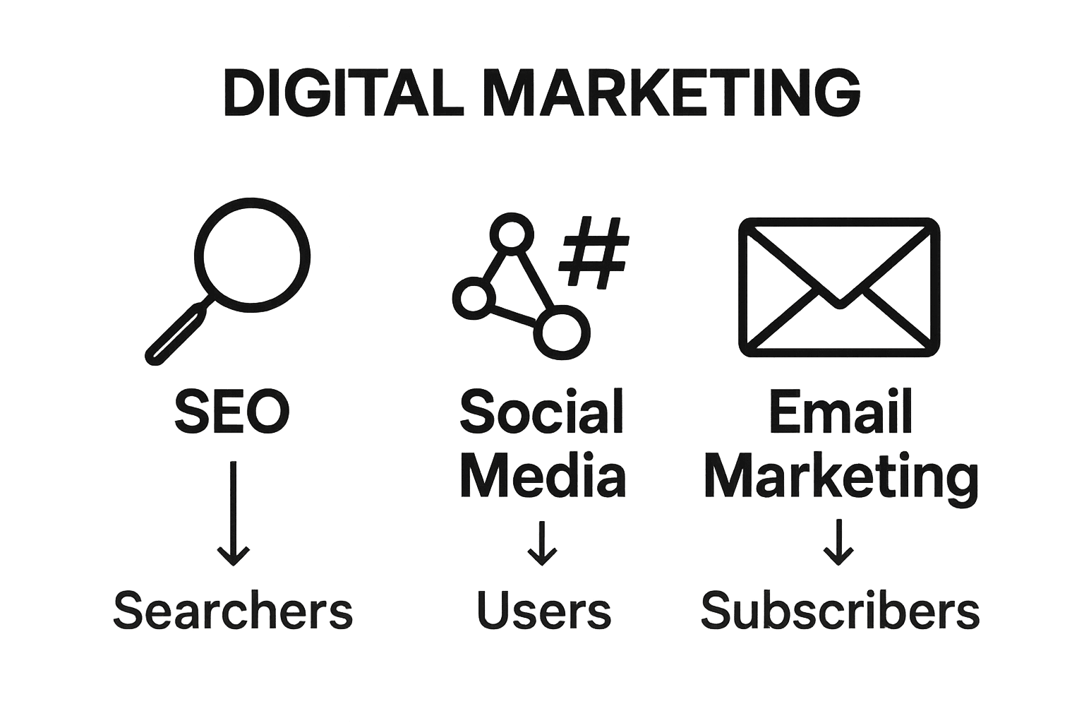 Simple comparison of SEO, social media, and email marketing channels