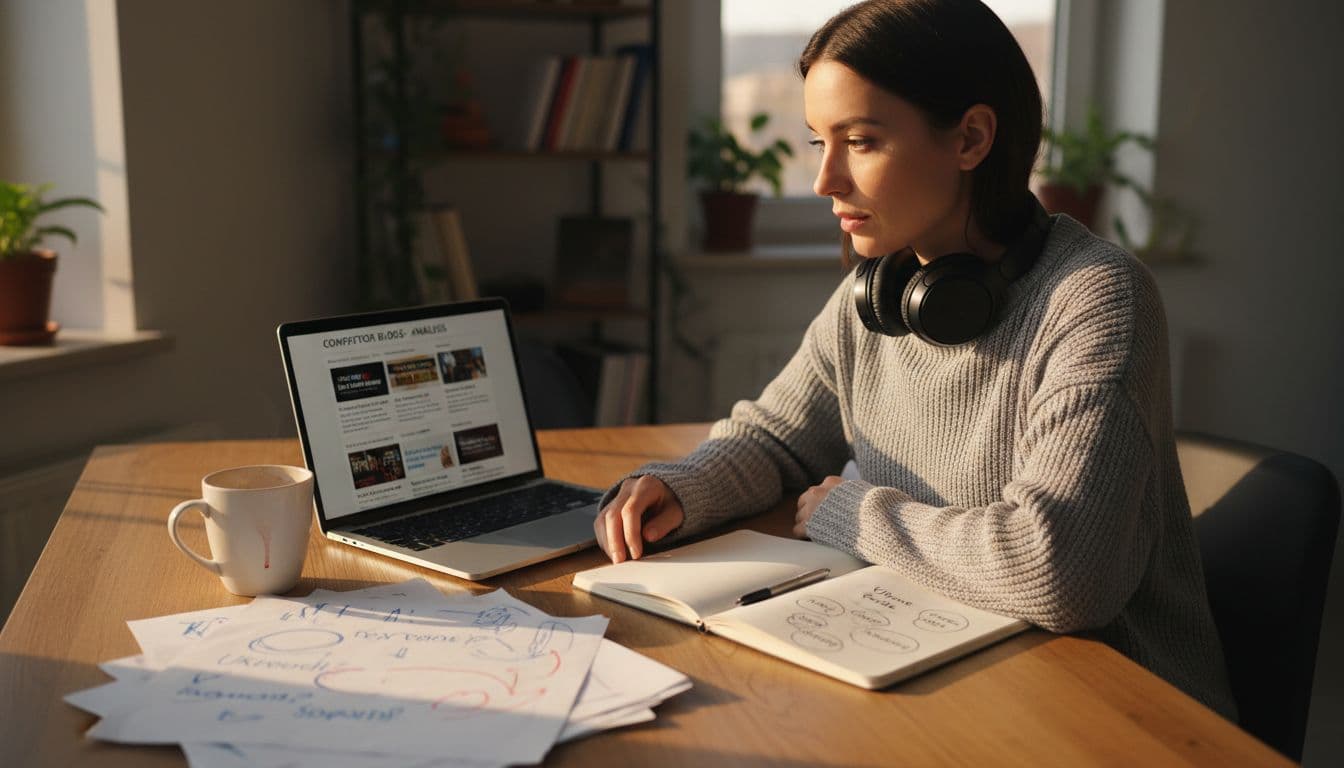 Woman analyzing competitor headlines at home
