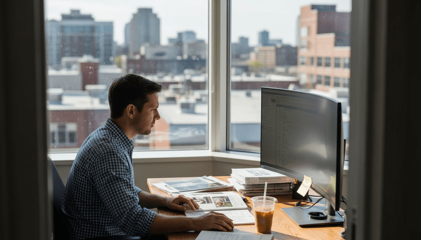 Marketer reviews e-commerce analytics in city office