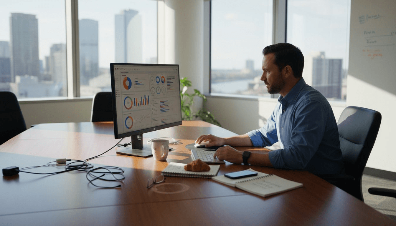 Businessman reviewing analytics dashboard in sunlit office