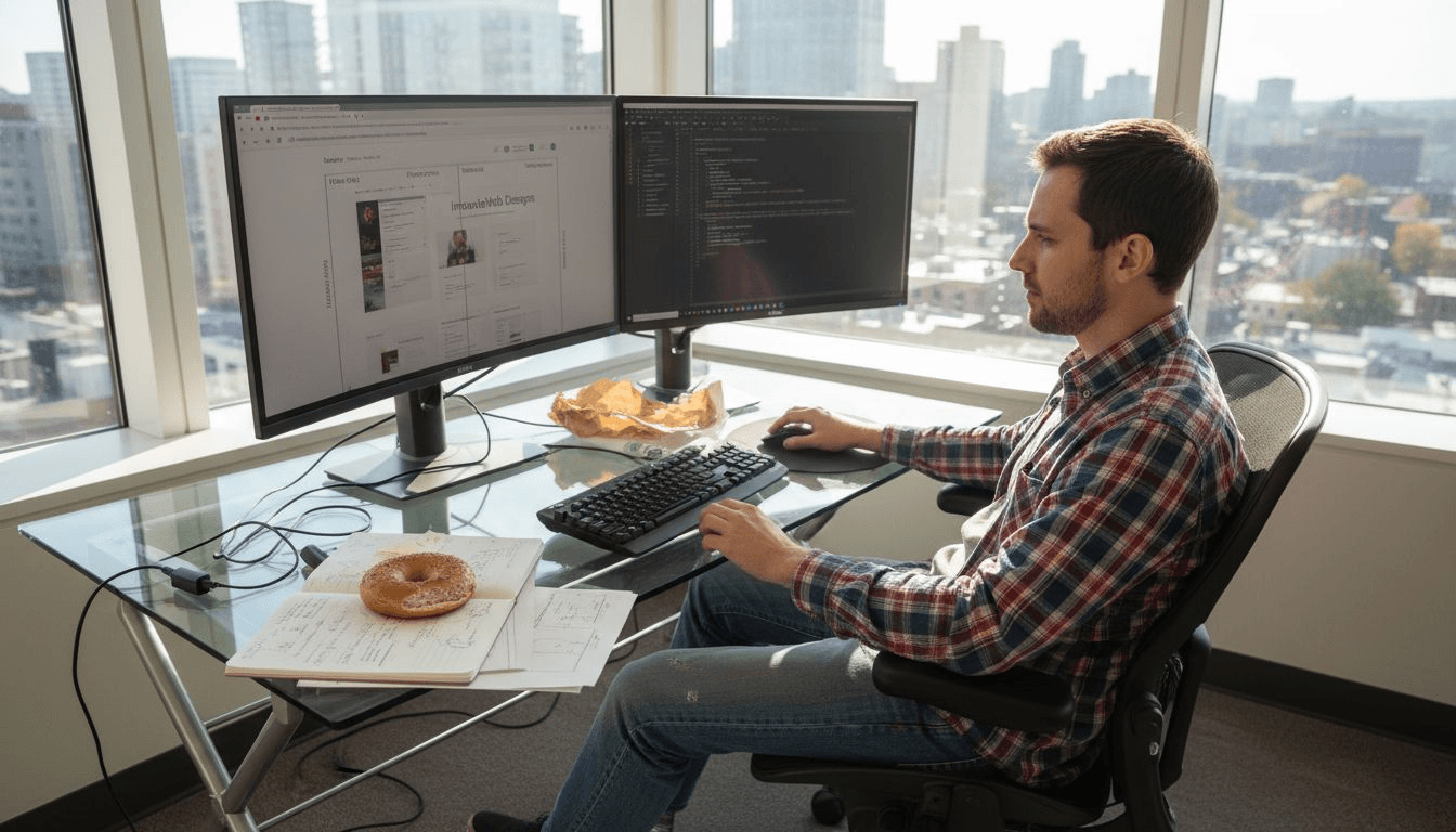 Designer adjusting responsive website on monitors