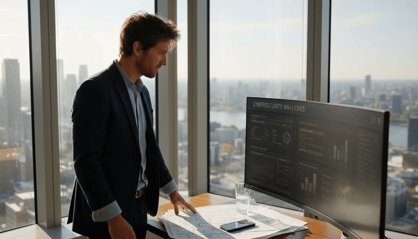 IT manager reviews security report in office
