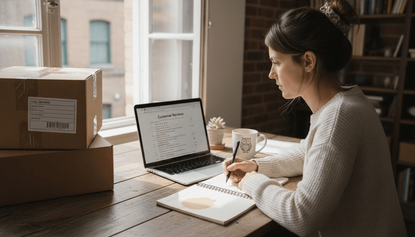 E-commerce owner checking online customer reviews