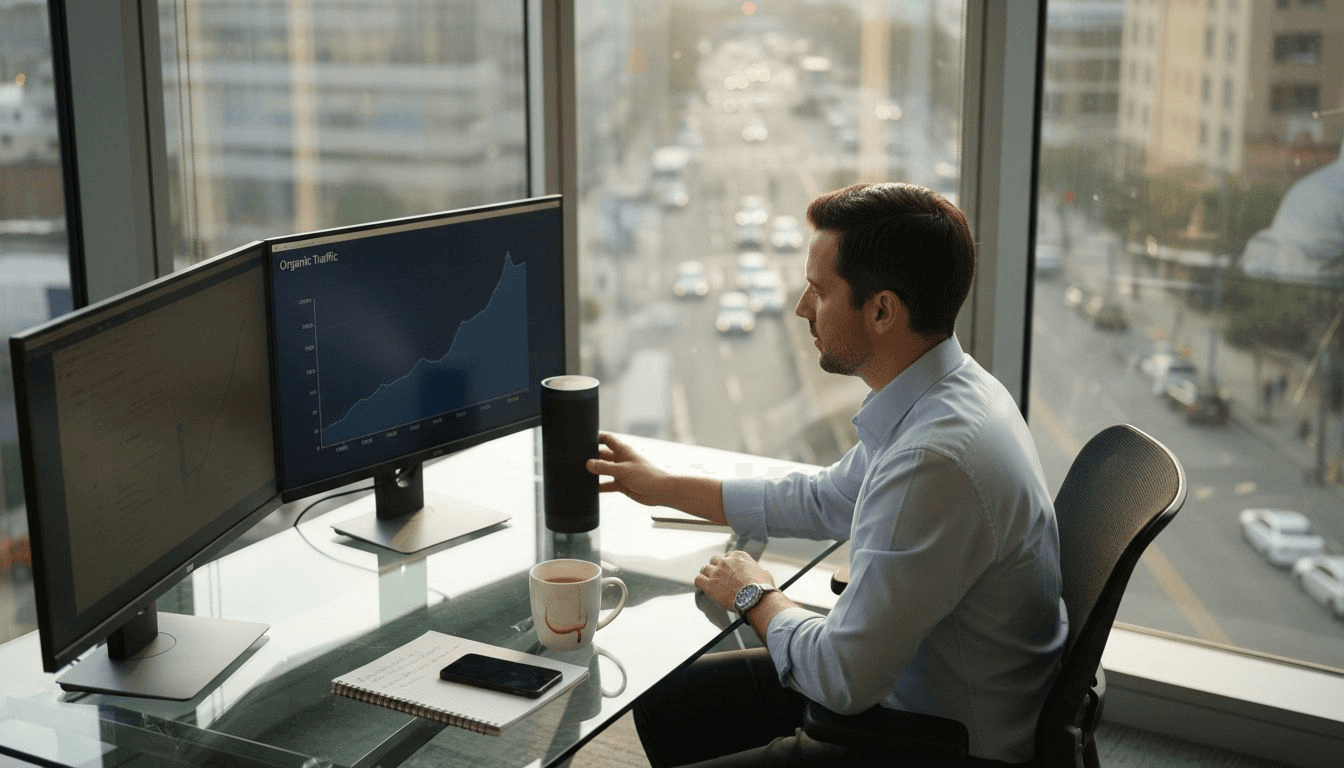 SEO analyst using voice search at desk