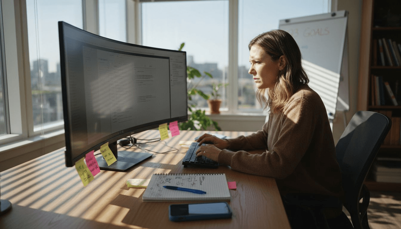 SEO manager reviewing user feedback at desk