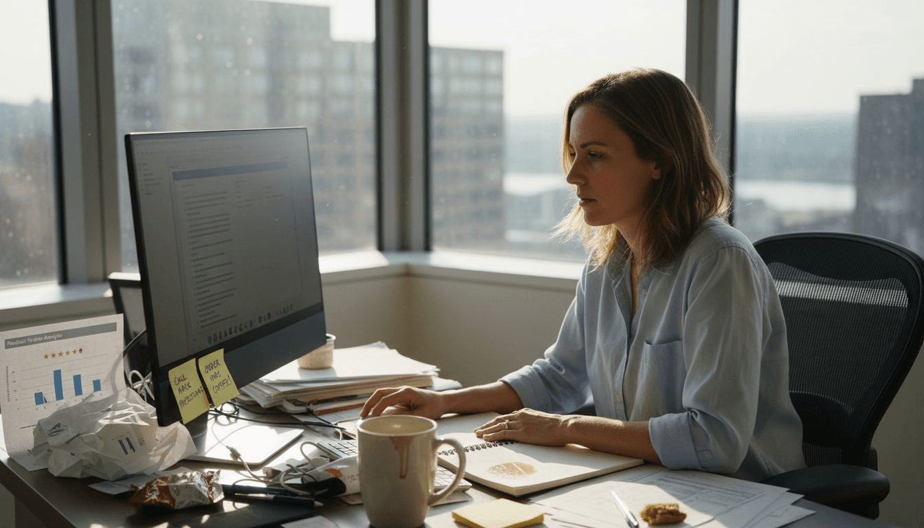 Woman reviews e-commerce feedback at her desk