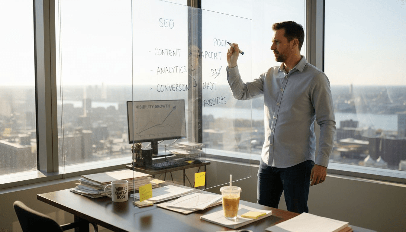 Manager strategizing SEO in bright office