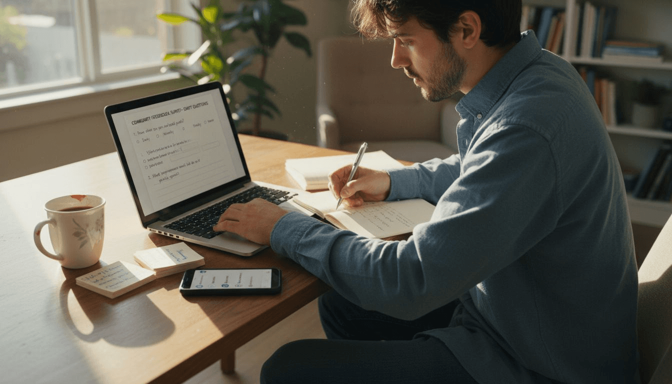 Person writing survey questions at desk