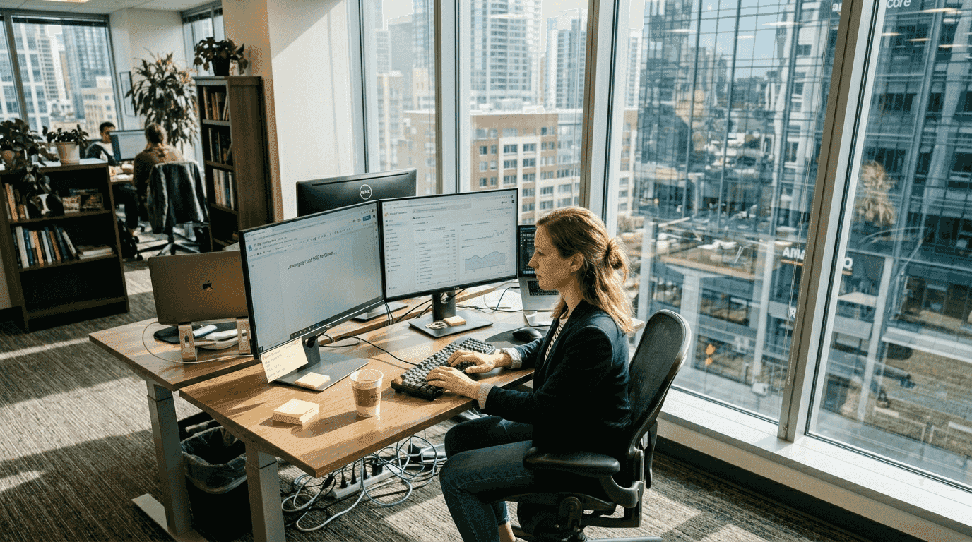 Marketer working on SEO headlines at desk