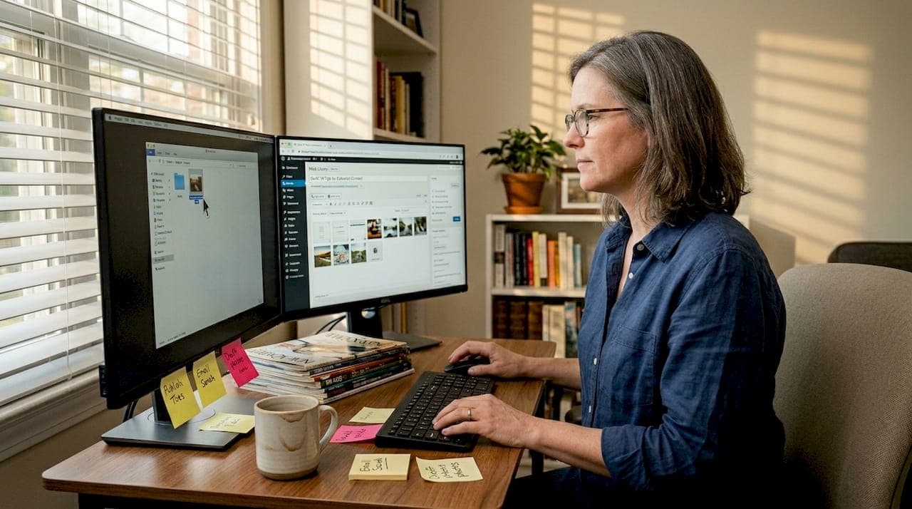 Creator integrating visuals in home office