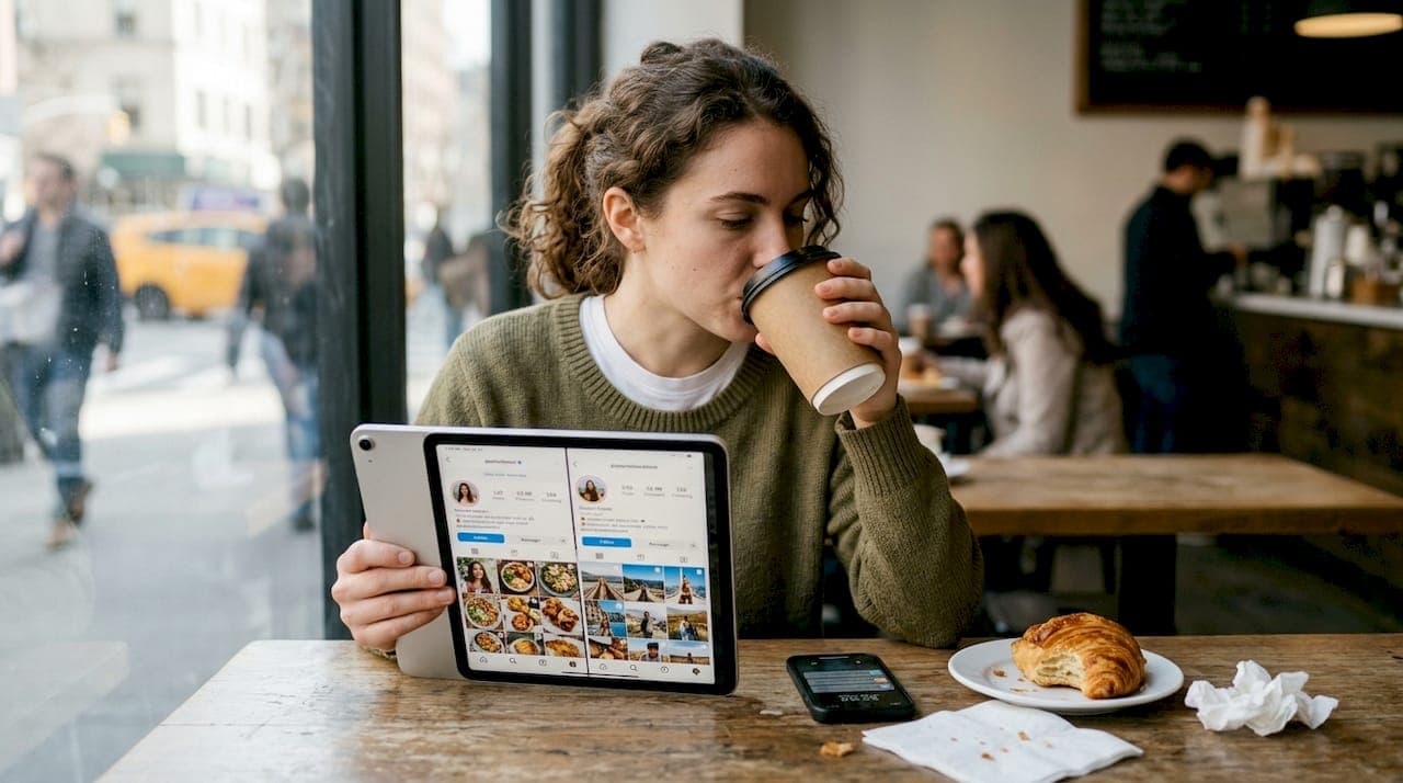 Social media coordinator assessing influencer profiles