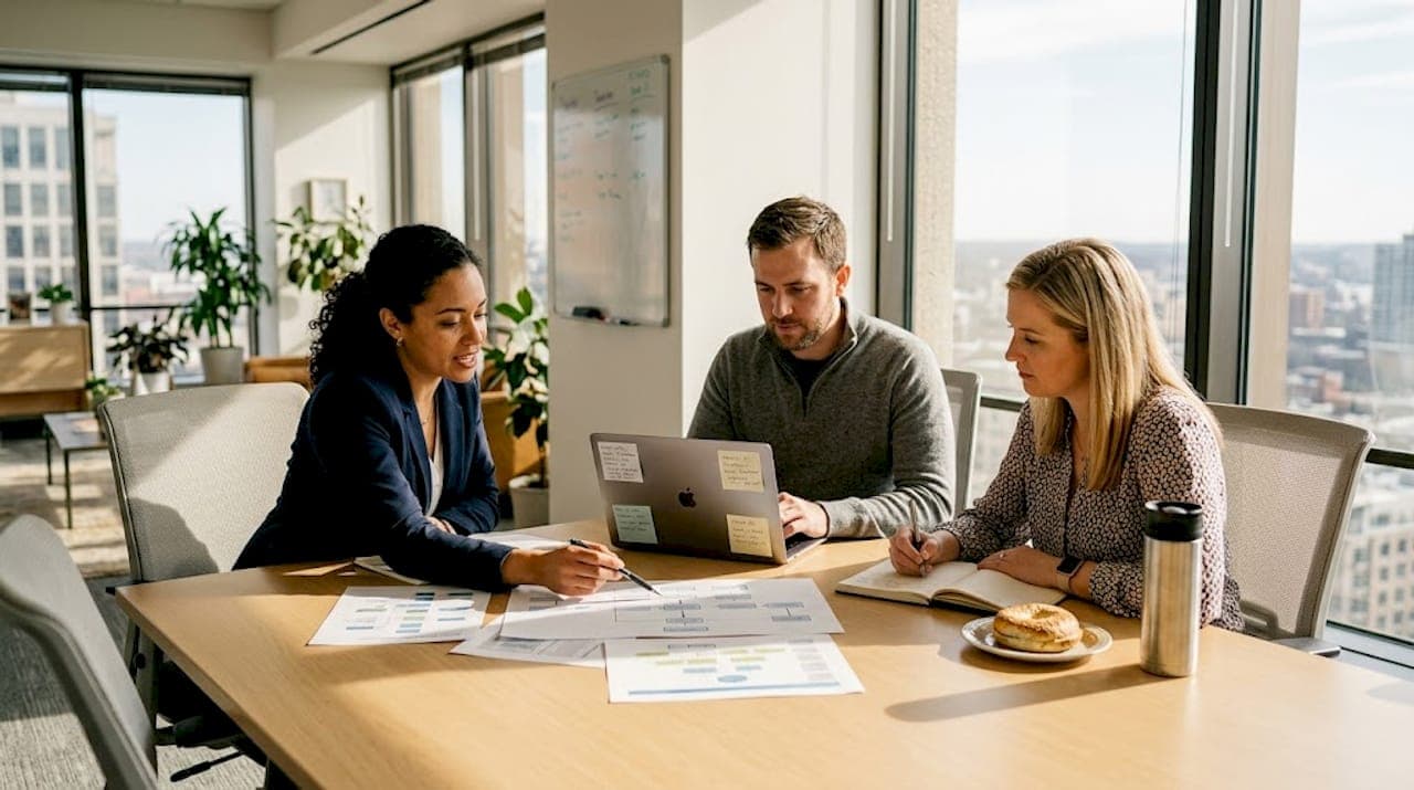Marketing team reviewing buyer journey process