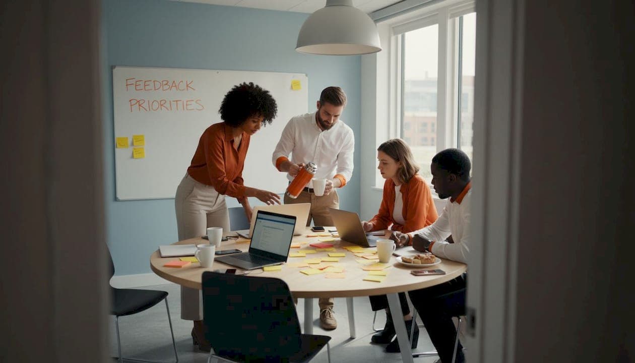 Team discussing user feedback in meeting room
