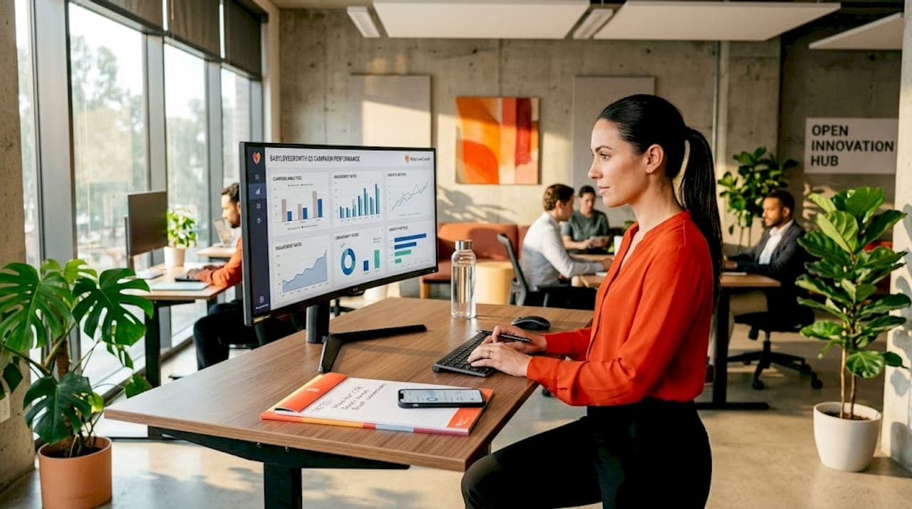Marketer reviewing AI campaign results at desk