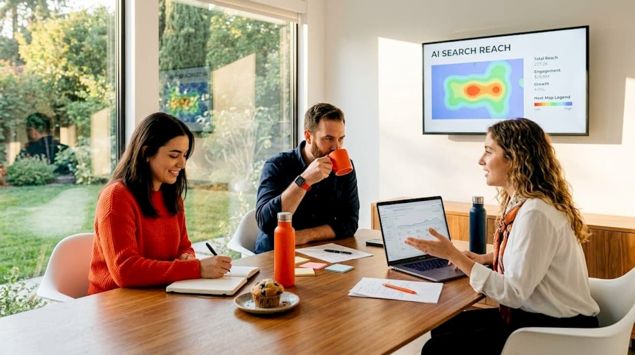 Marketing team reviewing AI search visibility